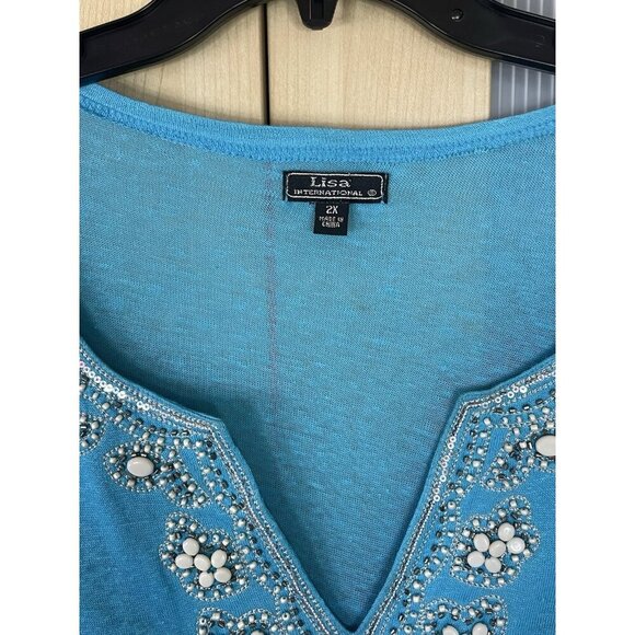LISA International Women’s Linen Top Sz XXL Sweater Blouse Beaded Casual Summer - Picture 3 of 5